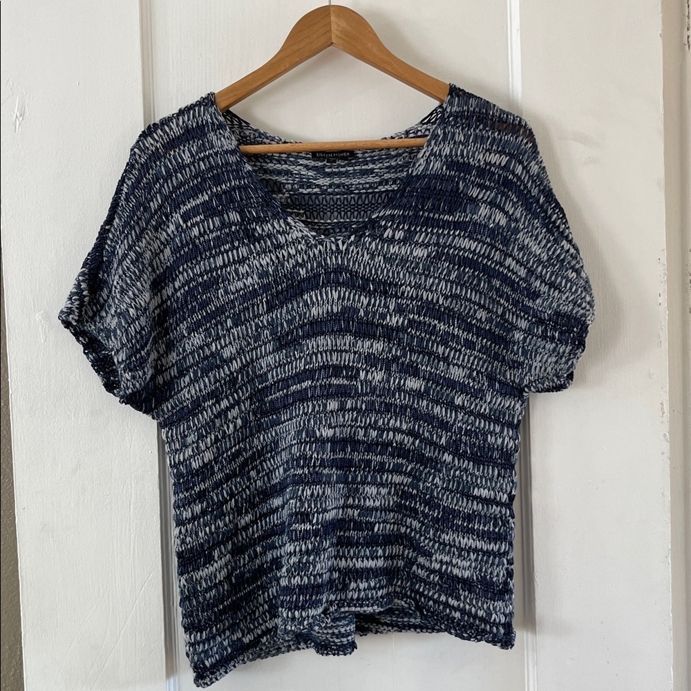 Eileen Fisher Open Knit Blue White Short Sleeve Top Size L Cotton Blend - Picture 12 of 15
